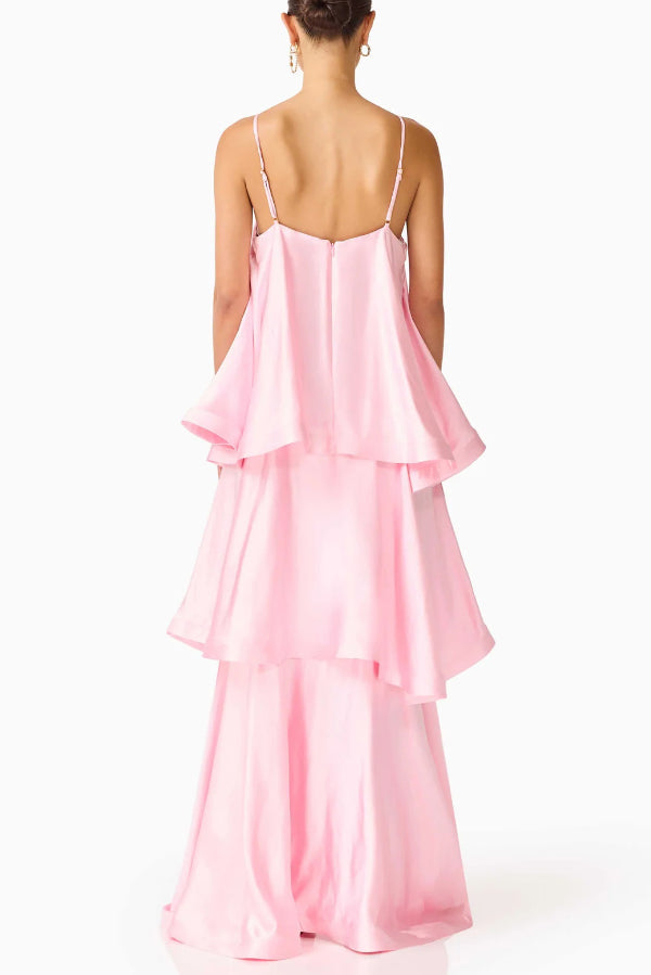 Robe longue en satin à plusieurs niveaux – Col carré sans manches Ligne A