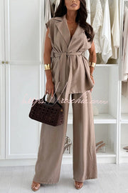 Linen Blend Sleeveless Wide Leg Pants Set with Lapel Top