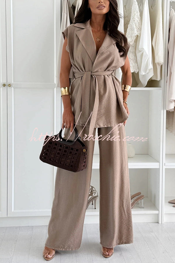 Linen Blend Sleeveless Wide Leg Pants Set with Lapel Top