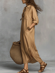 Bohemian Button-Front Midi Dress with Flowing Tiered Skirt