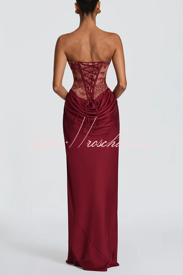 Floral Lace Strapless Maxi Dress with Lace-Up Back