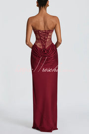 Floral Lace Strapless Maxi Dress with Lace-Up Back