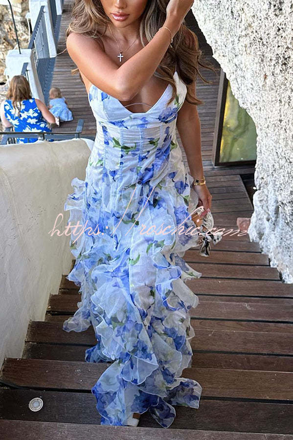 Robe longue à volants et à volants en mousseline de soie imprimé roses - Col en V