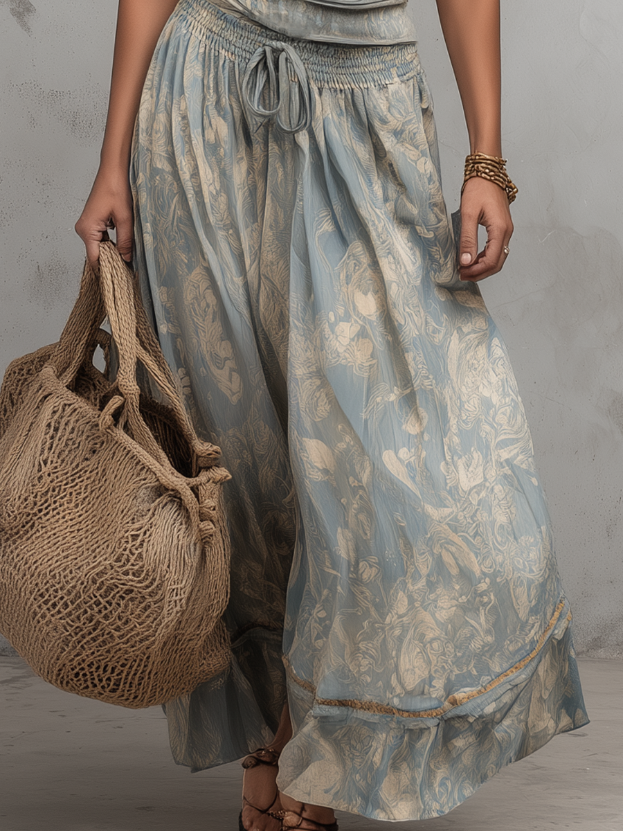 Boho Print High Waist Flowy Wide Leg Maxi Dress