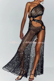 Sequin Knit One-Shoulder Maxi Dress with Thigh Slit