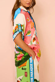 Satin Colorblock Print Oversized Button-Down Blouse