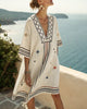 Embroidered V-Neck Printed Beach Dress – Boho Cover-Up