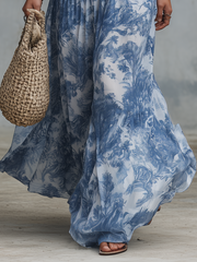 Blue Scenic Print Sleeveless Maxi Dress