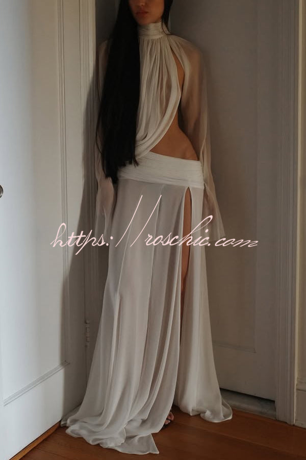 See-Through High-Neck Long-Sleeve Top & Maxi Skirt Set