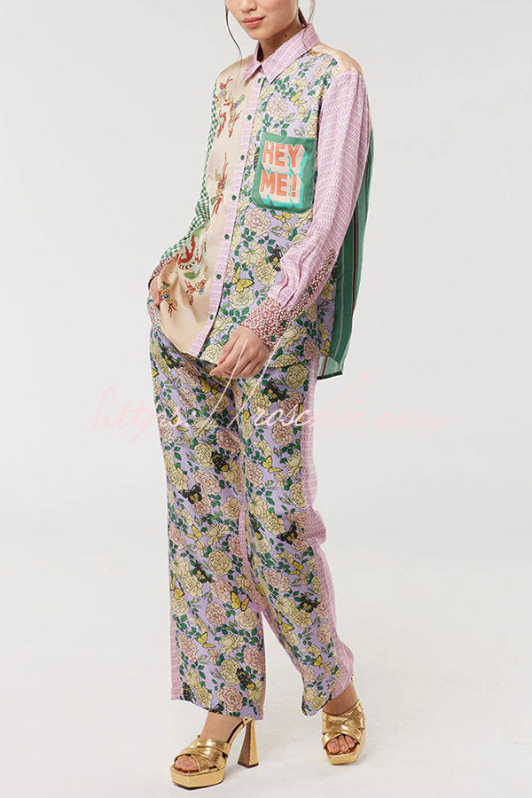 Dragon Print Patchwork Loose Shirt with Chest Pocket