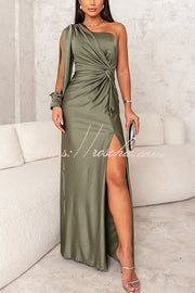 Satin One Shoulder Maxi Dress with Twist Detail & Slit