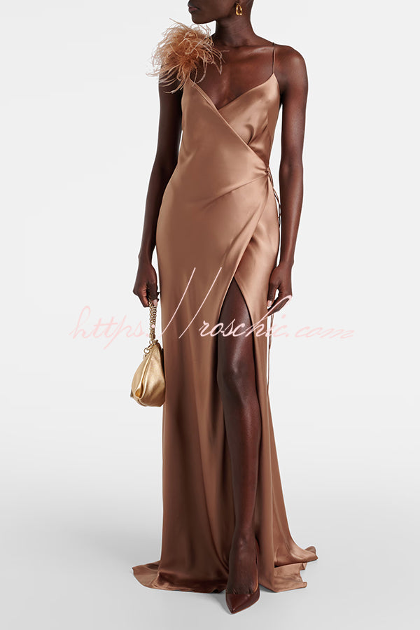 Satin Feather Trim Maxi Dress with V-Neck Slit & Tie Waist