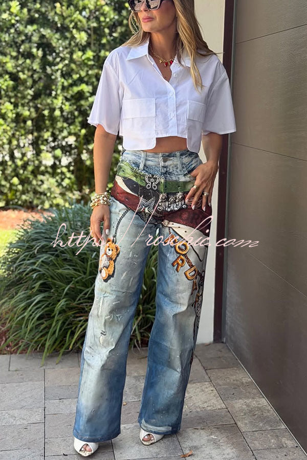 Graffiti Print High Rise Straight Leg Jeans – Loose Fit