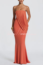 Modal Knit Strapless Maxi Dress with Asymmetric Draped Mesh