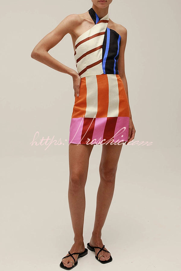 Linen Blend Color Block Halter Mini Dress – Loose Fit