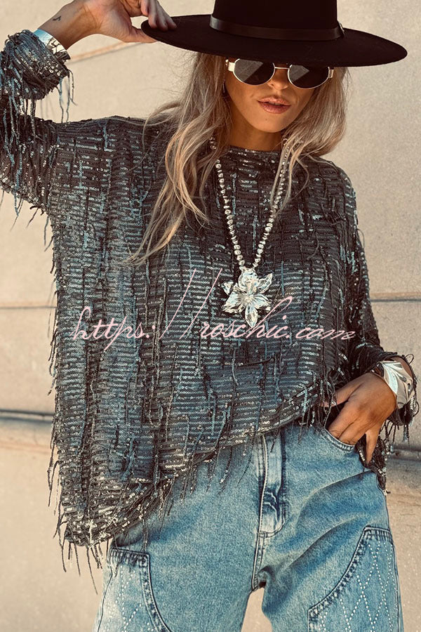 Sequin Tassel Long Sleeve Loose Party Top