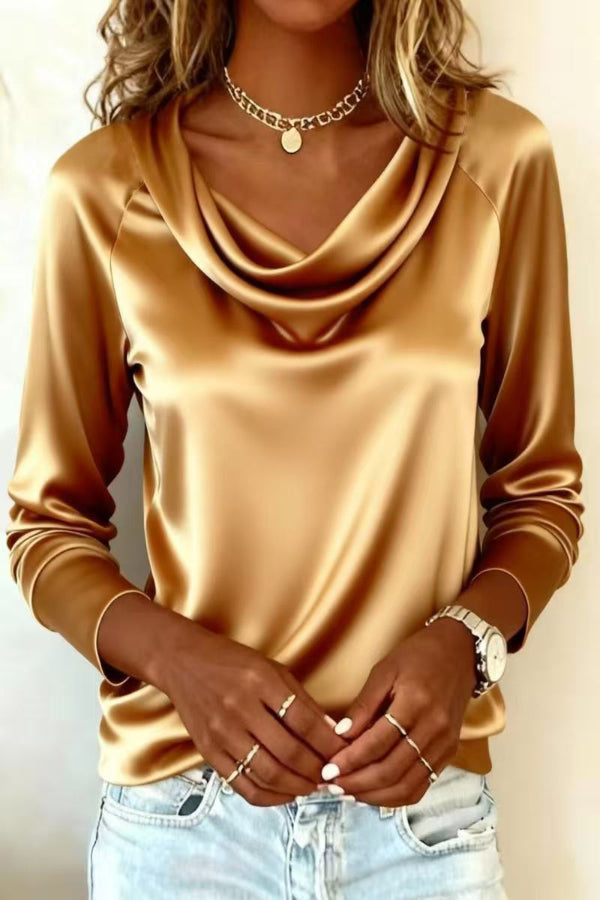 Satin Long Sleeve Draped Shirt – Casual Loose Fit Top
