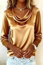 Satin Long Sleeve Draped Shirt – Casual Loose Fit Top