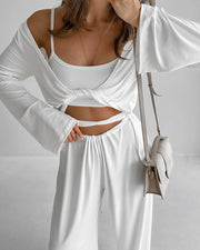 Wide-Leg Lounge Set 3-Piece Pajama Set with Cutout Detail