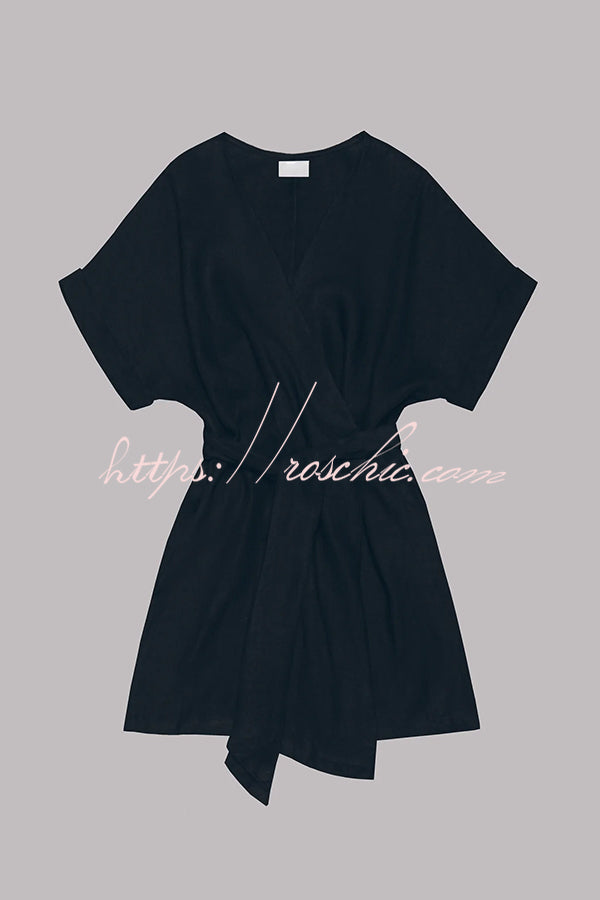 Cotton Linen Blend Kimono Mini Dress with Belt & Pockets