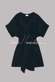 Cotton Linen Blend Kimono Mini Dress with Belt & Pockets