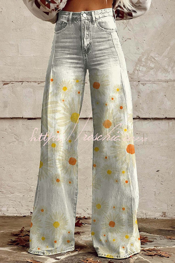 Pantalon en denim à jambe large et imprimé floral avec poches