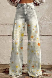 Pantalon en denim à jambe large et imprimé floral avec poches