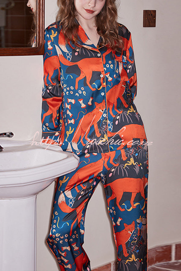 Fox Camping Print Long Sleeve Two-Piece Lounge Set