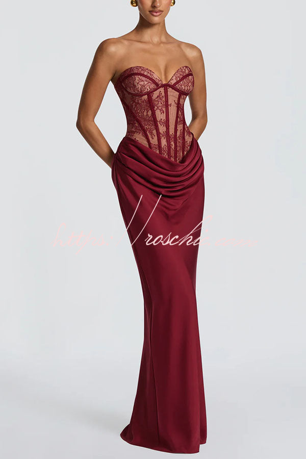 Floral Lace Strapless Maxi Dress with Lace-Up Back