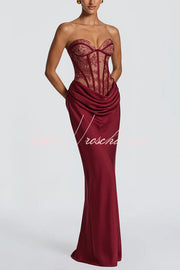 Floral Lace Strapless Maxi Dress with Lace-Up Back