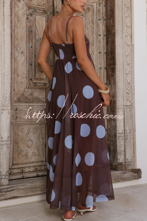 Polka Dot Mesh Maxi Dress | Spaghetti Strap Square Neck