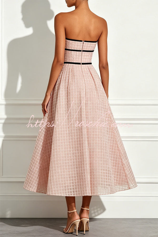 Sequin & Plaid Patchwork Strapless Midi Dress