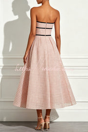 Sequin & Plaid Patchwork Strapless Midi Dress
