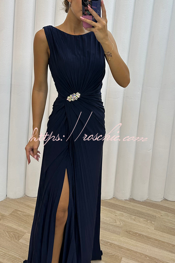 Pleated Embellished Slit Sleeveless Evening Maxi Dress