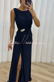 Pleated Embellished Slit Sleeveless Evening Maxi Dress