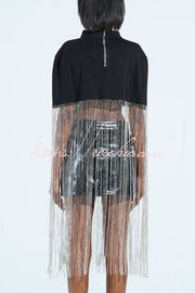 New Level Shiny Tassel Stand Neck Crop Cape Blouse (Shipped Within 24 Hours)