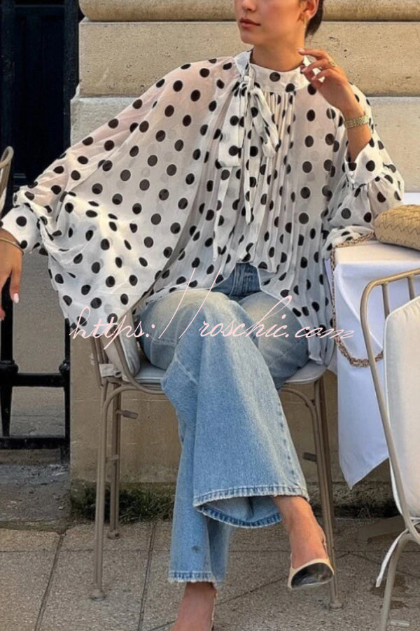 Polka Dot Lantern Sleeve Tie-Waist Loose Shirt