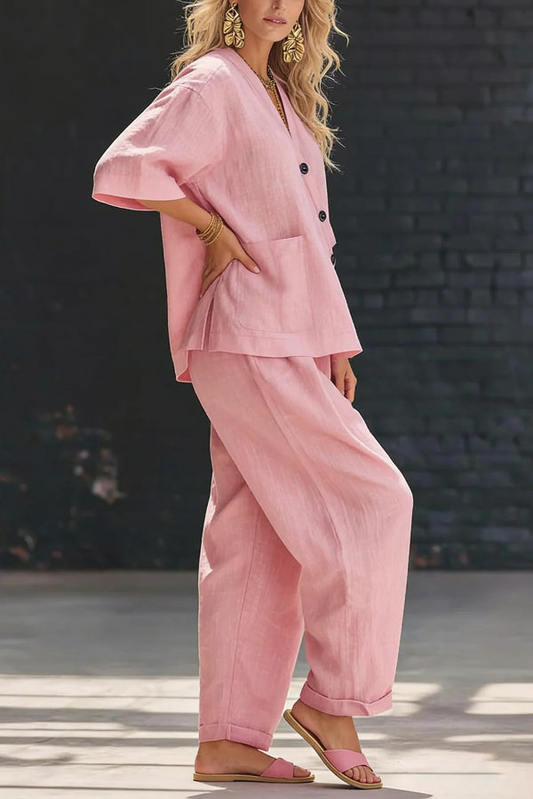 Linen Blend V-Neck Top & Elastic Waist Pants Set – Loose Fit