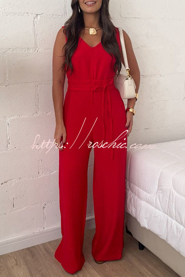 Linen Blend Wide-Leg Jumpsuit with V-Neck & Tie Waist