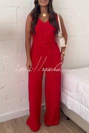 Linen Blend Wide-Leg Jumpsuit with V-Neck & Tie Waist