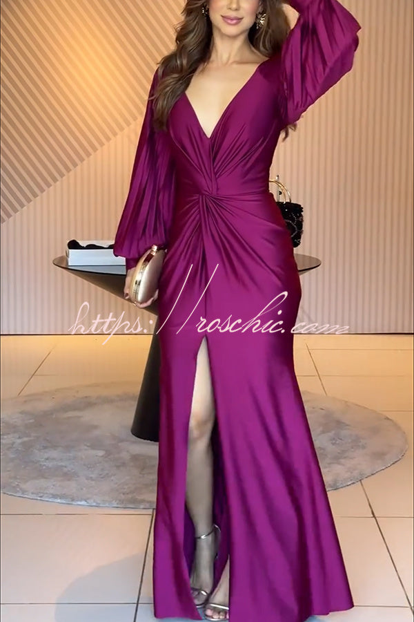 Satin Balloon Sleeve Twist Waist Maxi Dress with Slit