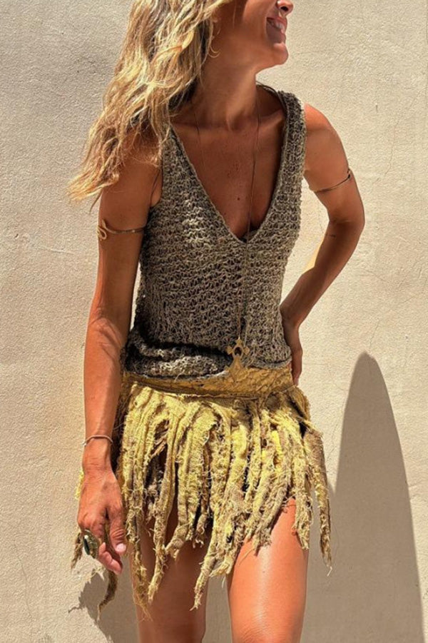 Débardeur ample en tricot à col en V et découpe torsadée pour femme