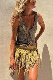 Débardeur ample en tricot à col en V et découpe torsadée pour femme