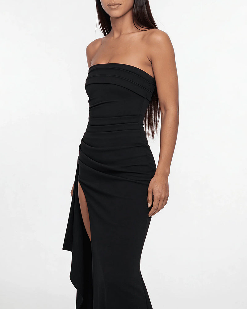 Strapless Ruched High-Slit Gown Dress