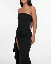 Strapless Ruched High-Slit Gown Dress