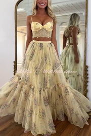 Satin Bow Lace-Back Crop Tank & Tulle Maxi Skirt Set