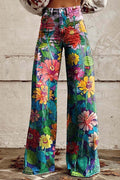 Floral Print Wide Leg Denim Pants with Pockets