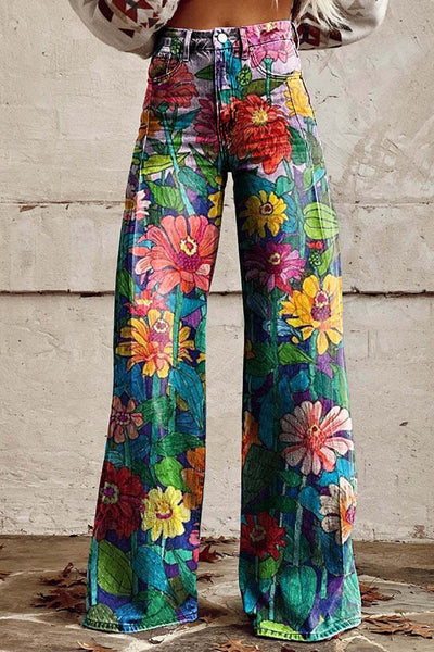 Denimbukser med brede ben og lommer med blomsterprint