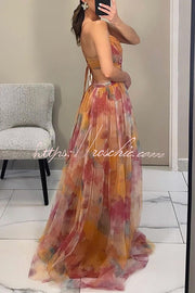 Floral Print Tulle Cutout Waist Lace-Up Maxi Dress