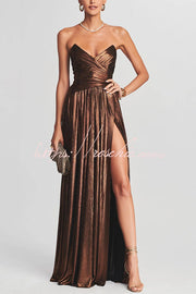 Metallic Pleated Off-Shoulder Maxi Dress with Thigh-High Slit